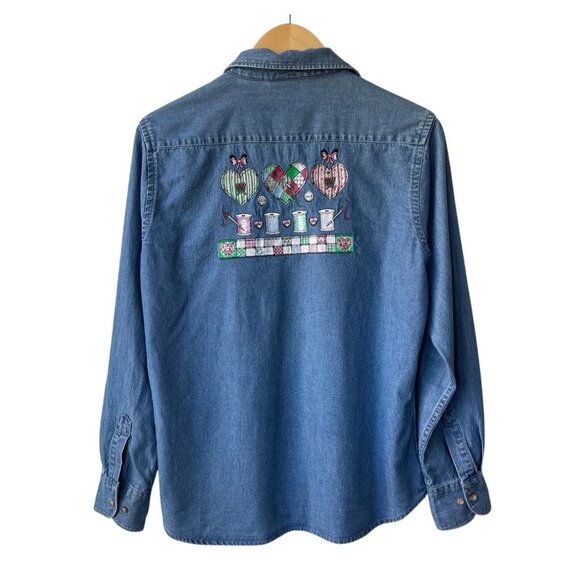 Harriton  Denim Embroidered Button Down Shirt Sz M Seamstress Needle Thread Sew - Picture 1 of 7